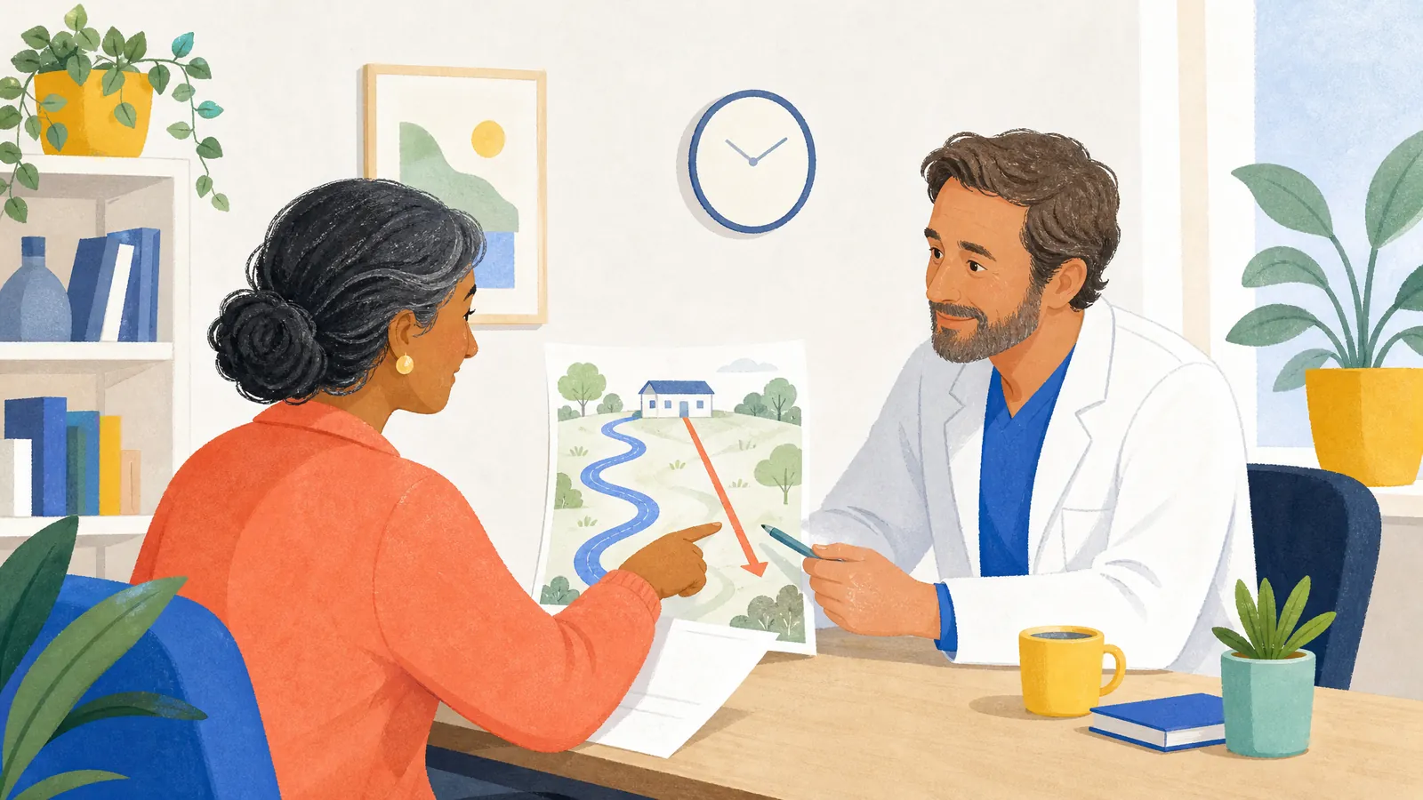 A patient and a GP looking at a map with two routes to the same building, one winding and one direct
