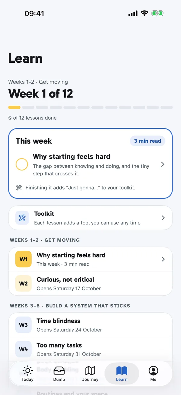 The Learn screen with week 1 of 12