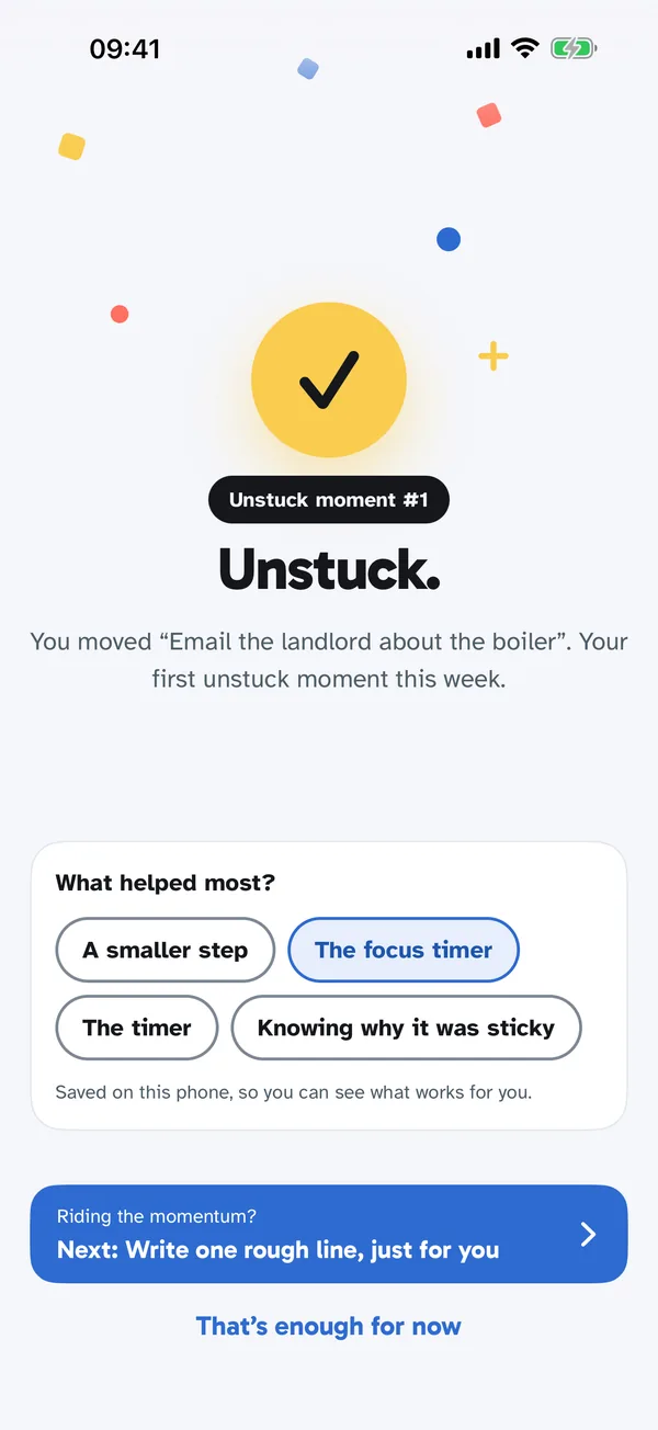 The Unstuck screen after finishing a step